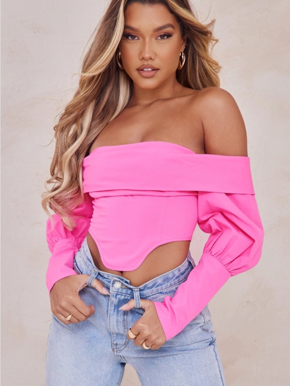 Nasty Gal Hot Pink Off-Shoulder Long Sleeve Crop Top